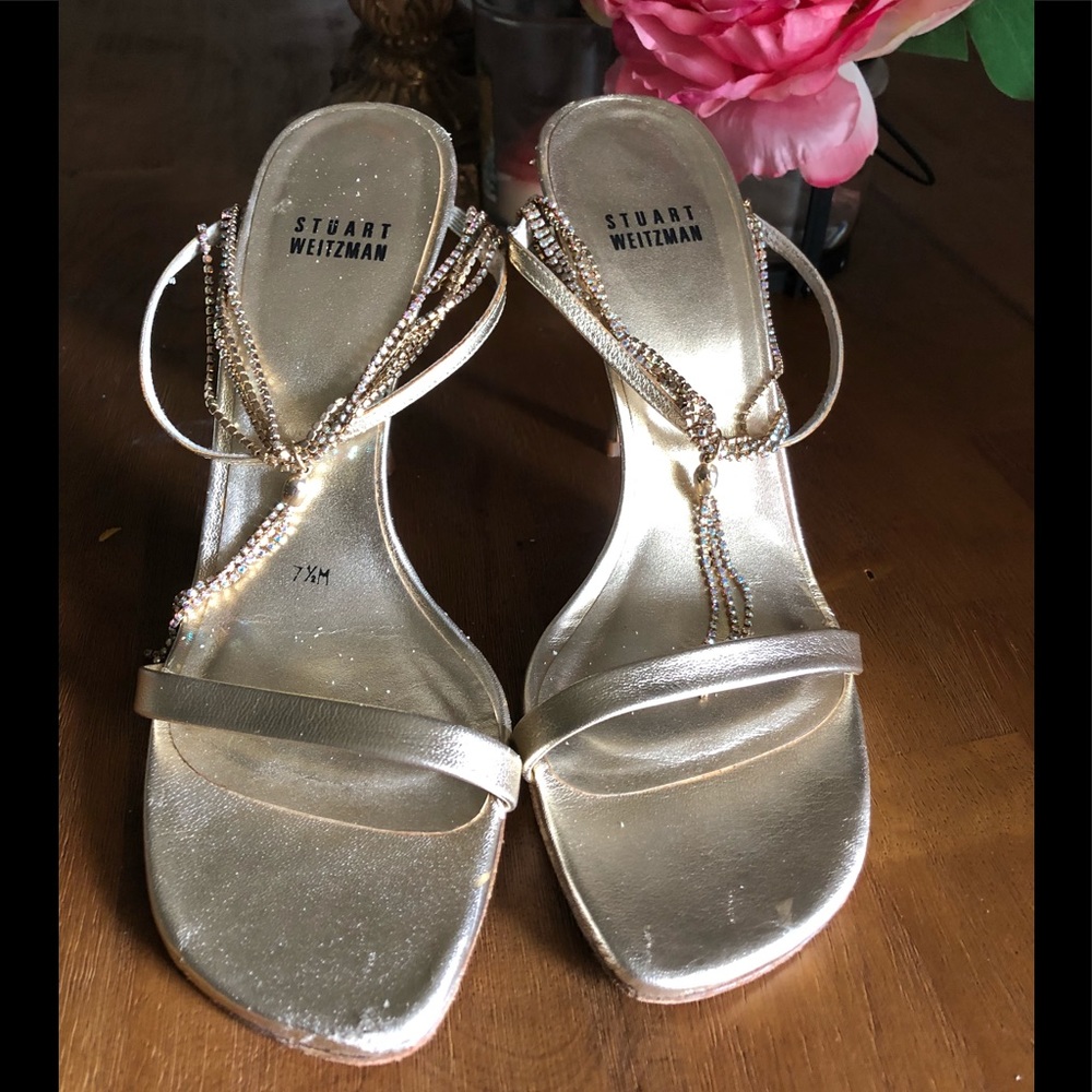 Stuart Weitzman Gold Jeweled strapped heels